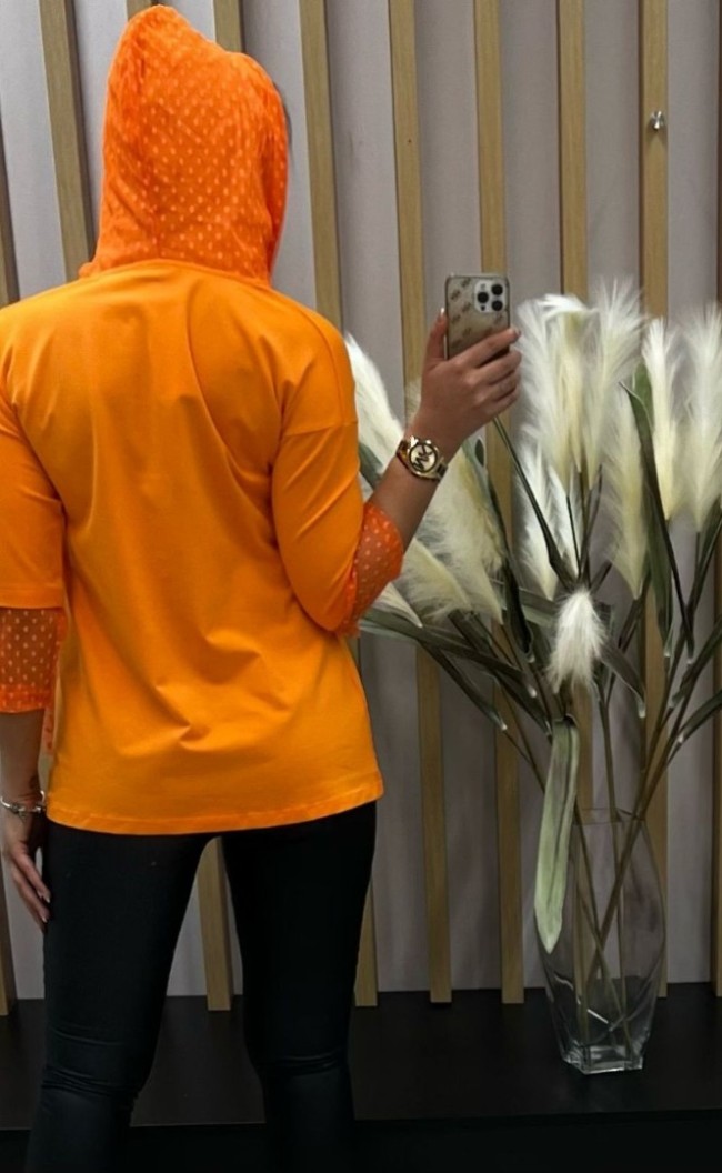 Blouse with a hood and frill TK 832 Orange