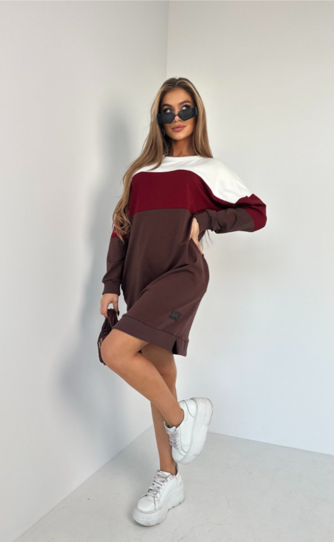 Sukienka trzy pasy TI 1007 Czekolada/Bordo/Śmietana