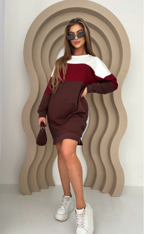 Sukienka trzy pasy TI 1007 Czekolada/Bordo/Śmietana