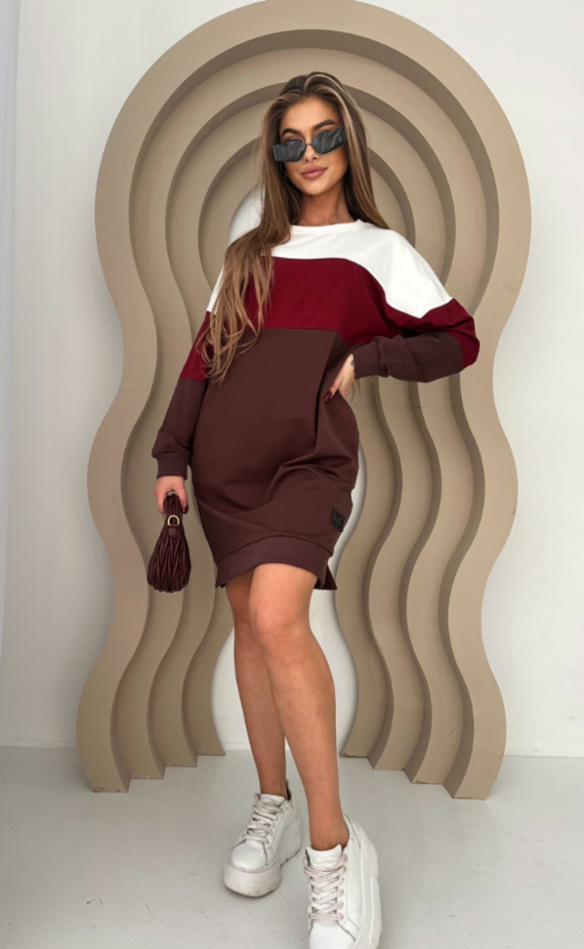 Sukienka trzy pasy TI 1007 Czekolada/Bordo/Śmietana